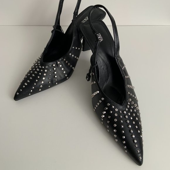 Zara Sexy Edgy Studded Sling Back Heels Black Size 36 - Picture 2 of 11